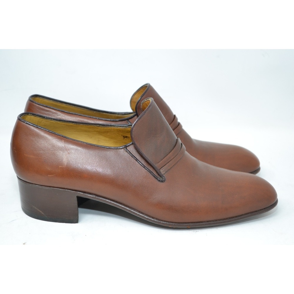 Torino Mens US 9 Dress Shoes Brown Leather Almond Toe Block Heel Slip-On Oxfords